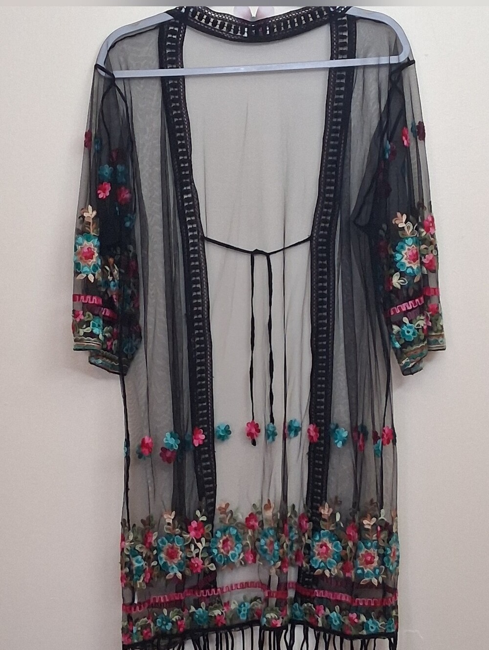 Asha Boho Embroider Sheer Kimono Frinhe One Size Multi Floral Festival